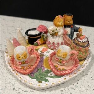 Vintage 90s Wedding Bears Heart-Shaped Resin Tea Set Cake, Teacups, Top Hat